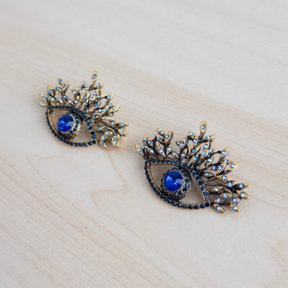 Womens Evil Eye Brooch Pin 2 Piece Set OS Blue Gold Rhinestone Crystal Statement - Picture 4 of 7
